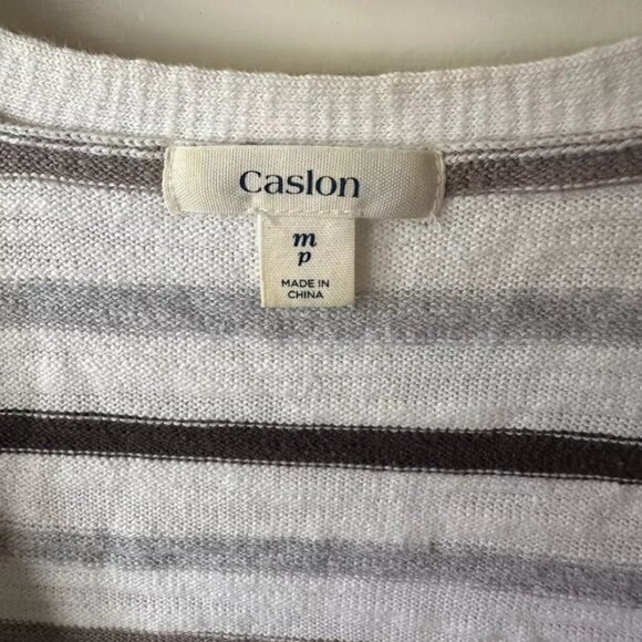 Caslon Striped Button Up V-Neck 100% White Cotton Knit Tee rn58665 - Picture 6 of 9